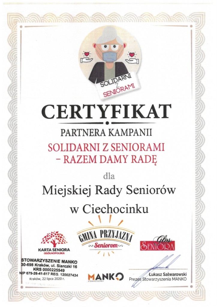 Certyfikat Partnera Kampanii "Solidarni z seniorami - razem damy radę"